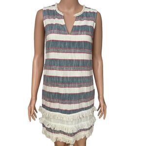 Anthropologie HOLDING HORSES FRINGE SHIFT DRESS Stripe Slit V-Neck BOHO size 0